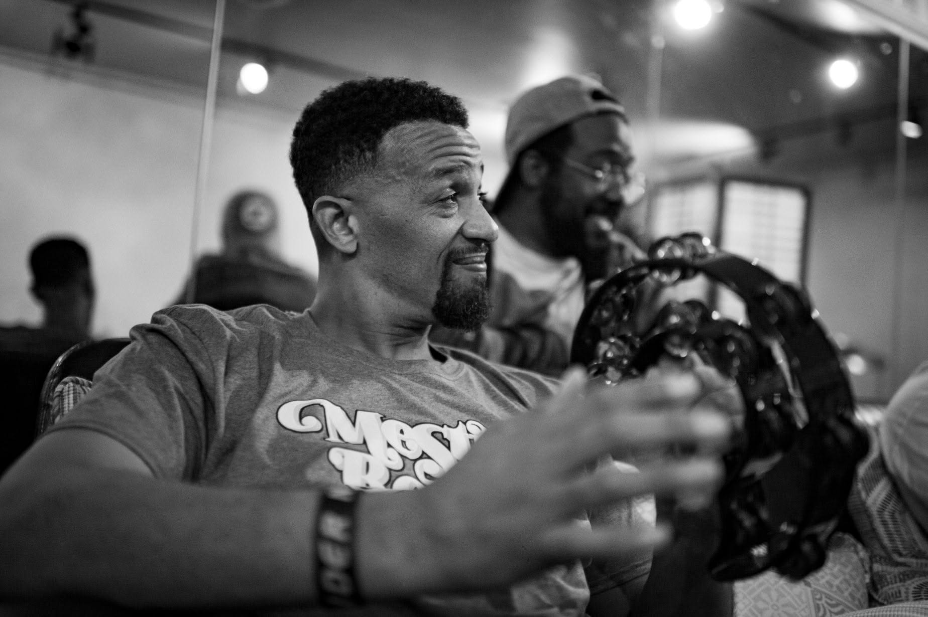 Daniel 'Dan the Man' Smith on tambourine during a jam session at the BTU Arts studio. Photo: Jason Pierce / Sac Setlist